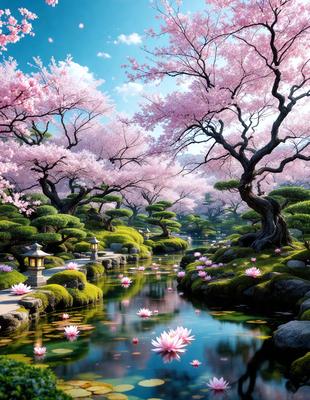 The primary subject of the image is a beautiful garden with a pond surrounded by cherry blossoms. The setting is a serene, natural environment with a waterway flowing through the landscape. The visual style is a combination of photo and digital art, creating a realistic yet artistic representation of the scene. The colors and mood are predominantly pink and tranquil, reflecting the beauty of the cherry blossoms and the peaceful atmosphere of the garden.
